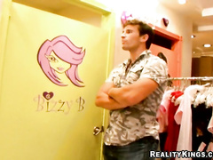 While she was trying some on in the dressing room her boyfriend couldnt help himself and snuck himself in to the dressing room.